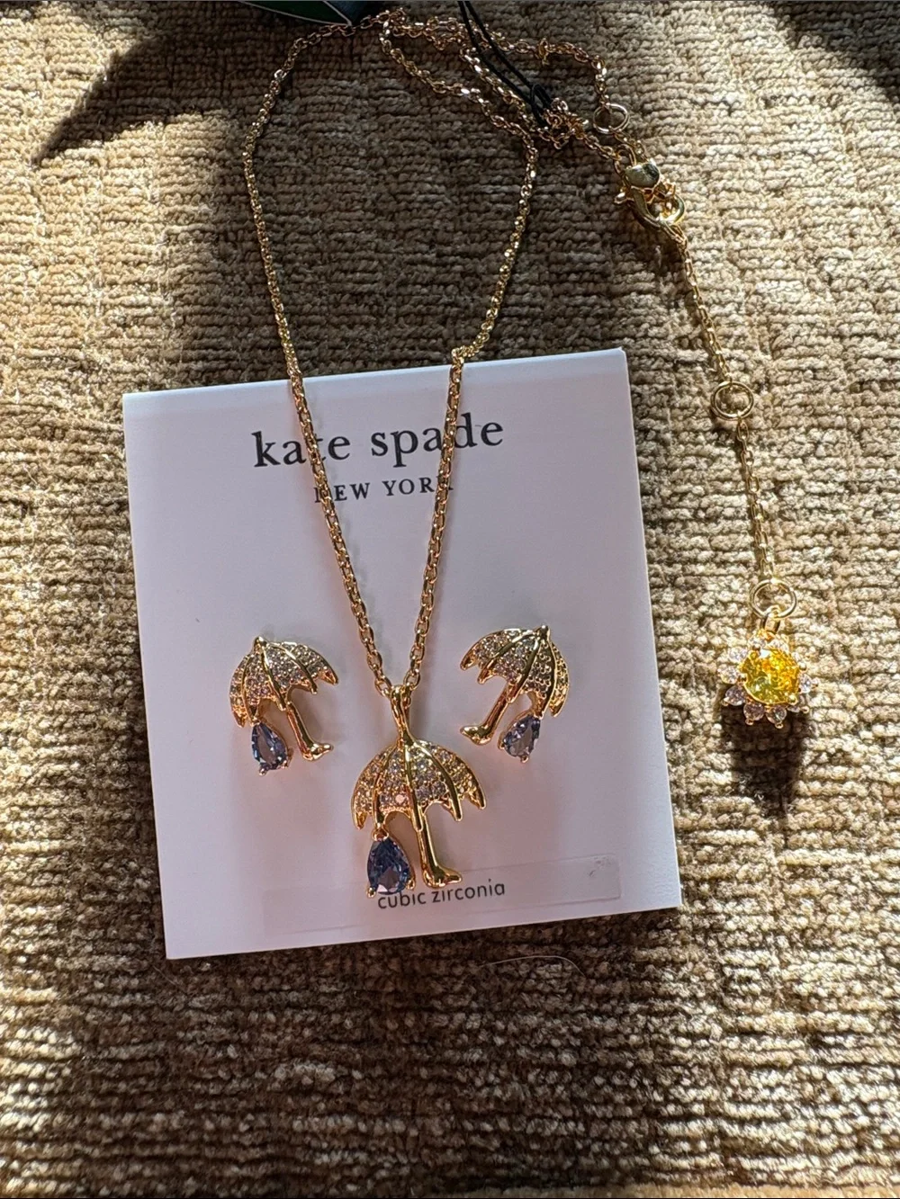 kate spade Gold Umbrella Necklace and Earring Set with Purple Drops